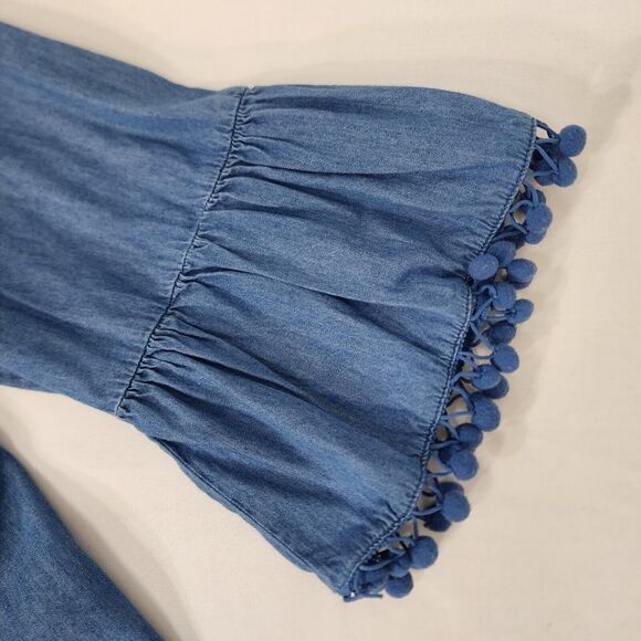 Hester & Orchard Top Womens Size 1X Denim Chambray 3/4 Pom Pom Bell Sleeve Boho - Picture 8 of 11